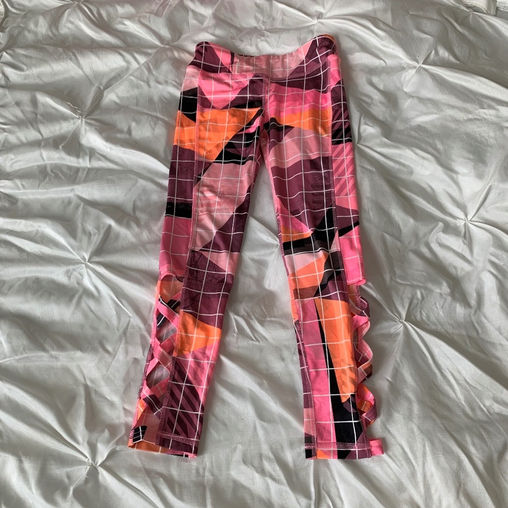 Ideology Bright Pink/Orange Caged Leggings with Lattice Detailing Girls SMALL